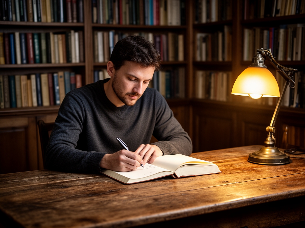 Osoba sedi za starim drvenim stolom u kućnoj biblioteci okruženoj policama knjiga, piše beleške u debelu svesku, topla lampica osvetljava prostor, atmosfera studija i posvećenosti znanju