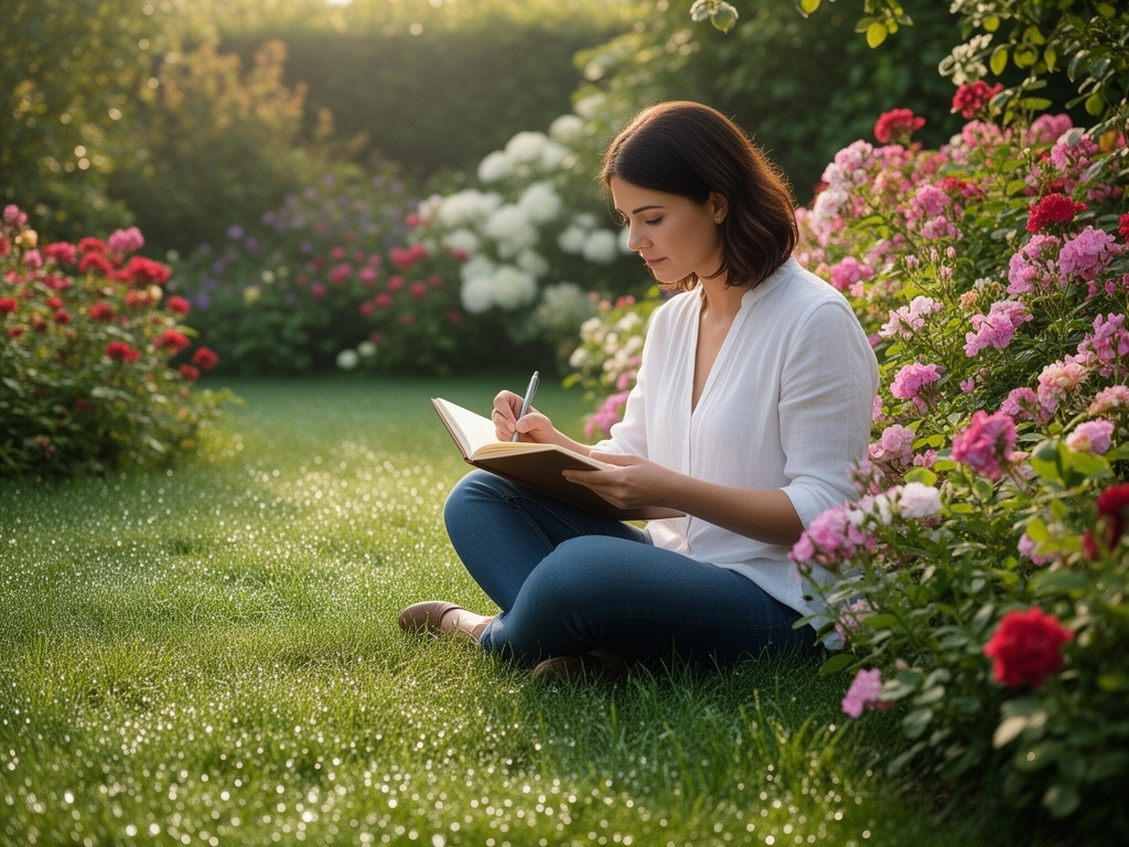 Žena piše u dnevniku sedeći u vrtu, okružena cvećem, jutro, meka rosa na travi, mirna i kontemplativna scena