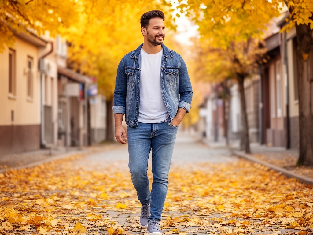 Muškarac šeta ulicom manjeg srpskog grada, jesen, žuto lišće, casual stil oblačenja, opušteni i sadržajni korak, meðusvjetlo kasnog poslepodneva