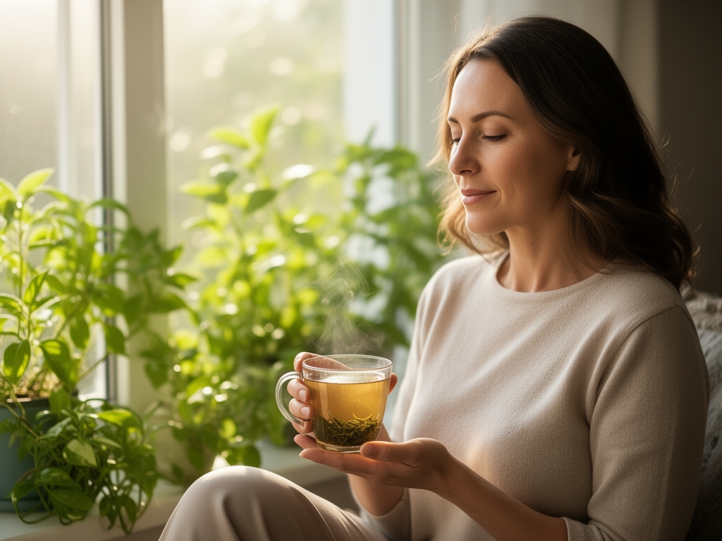 Žena u mirnodopskom okruženju, sedi pokraj prozora sa šoljom biljnog čaja, meka jutarnja svetlost prošarana zelenim biljkama u pozadini, atmosfera smirenosti i svesnosti
