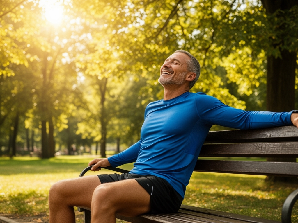 Muškarac u četrdesetim, u sportskoj opremi, odmara se na klupi u parku posle laganog trčanja, sunce obasjava drveće u pozadini, izraz zadovoljstva i opuštenosti