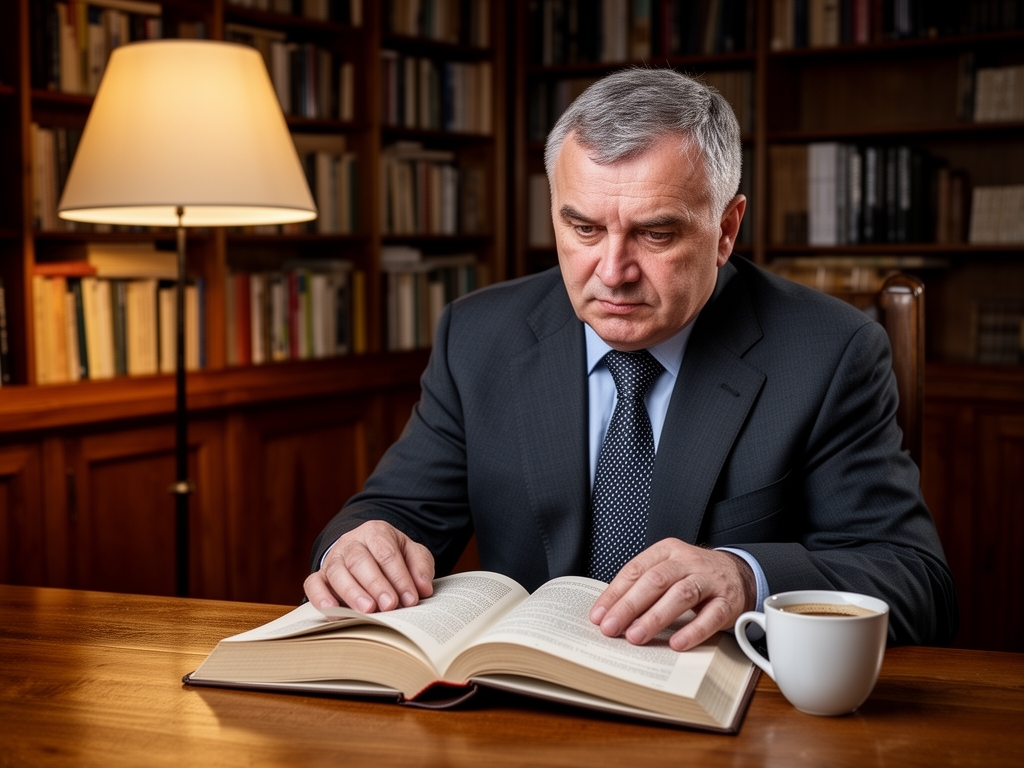 Mladić u dvadesetim, sedi za drvenim stolom i čita debelu knjigu, šolja kafe pored, kućna biblioteka u pozadini, ambijentalno svetlo stoje lampe