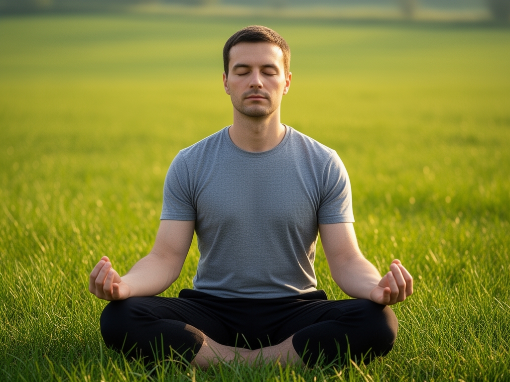 Čovek sedi u meditativnoj pozi na travnatoj podlozi na otvorenom, okolina je zelena livada u kasno popodne, oči su zatvorene, izraz mira i usredsređenosti